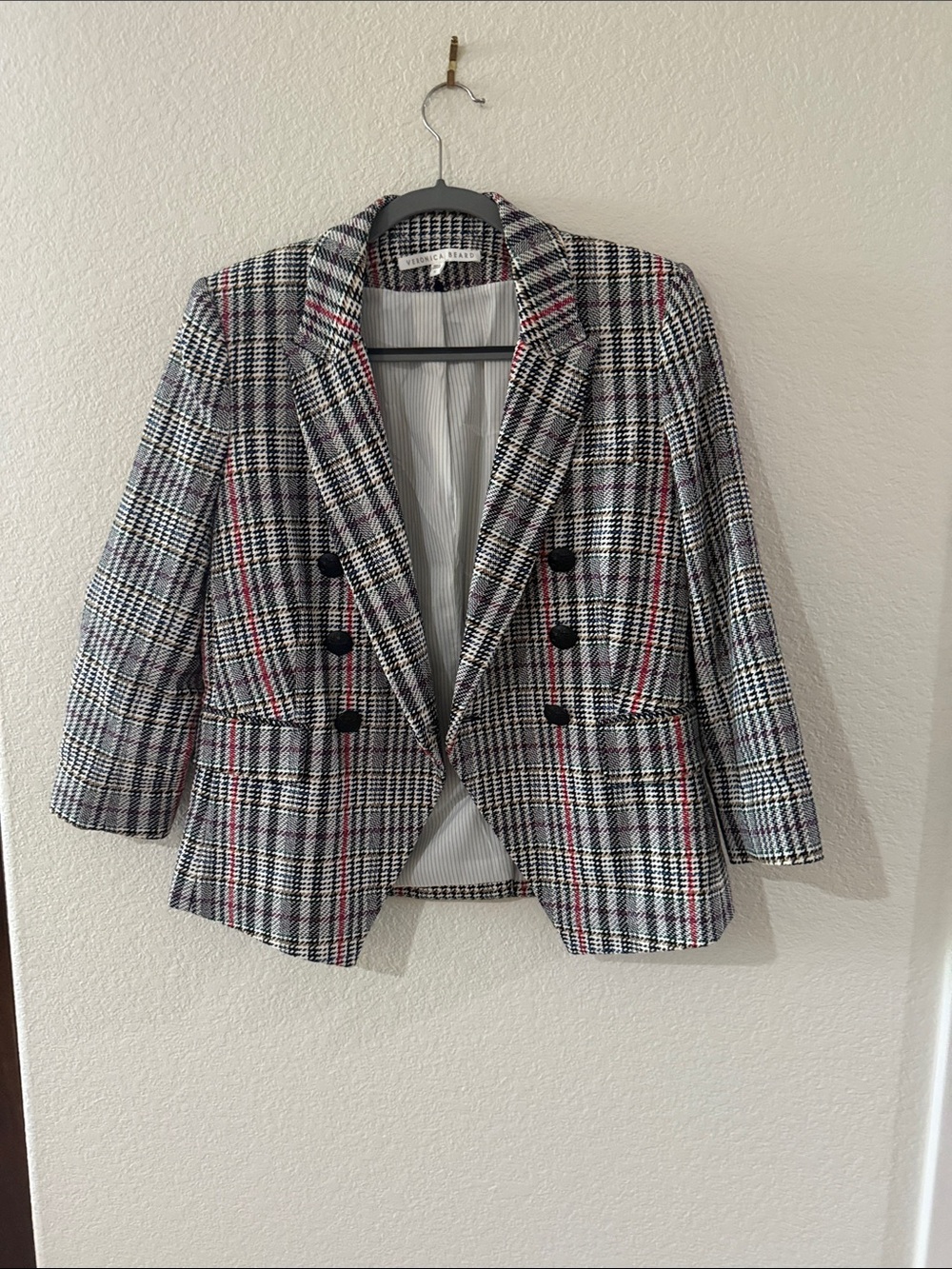 Veronica Beard Black & White Checked Double-Breasted Blazer with Pink Accents